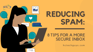 How to reduce spam header image. woman with laptop and message notifications in the background