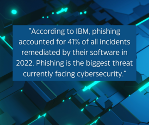 phishing scam quote: "According to IBM, phishing accounted for 41% of all incidents remediated by their software in 2022. Phishing is the biggest threat currently facing cybersecurity."
