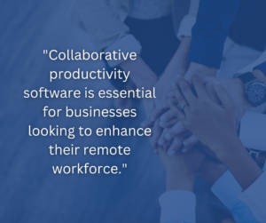 Collaborative productivity software is essential for businesses looking to enhance their remote workforce. Graphic employee hands on to of one another. 