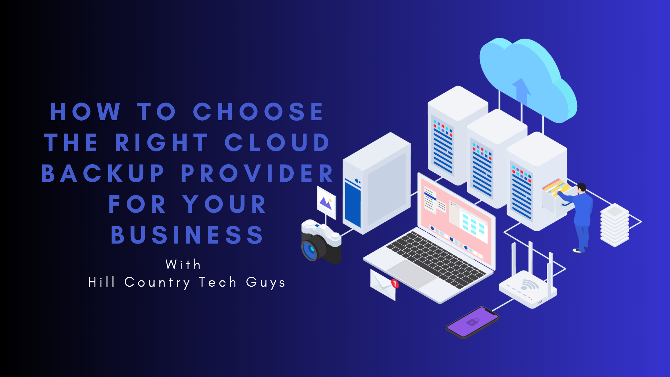 Blog banner graphic with cloud servers and computer for how to choose a cloud service provider