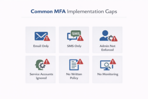 An infographic detailing common MFA mistakes, including relying on SMS-only authentication, ignoring service accounts, and selective MFA deployment. 
