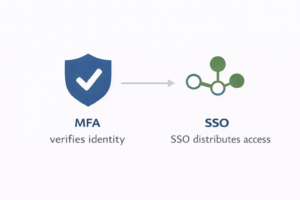 A comparison diagram showing that MFA verifies identity while SSO distributes access, using shield and network icons in blue and green