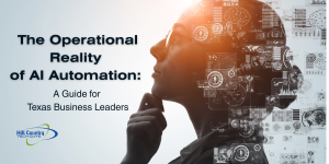 A professional woman in profile, pensively looking toward technical data overlays and circuit patterns that symbolize AI pattern recognition and operational governance for Texas business leadership.