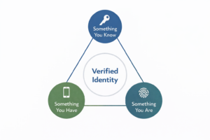At triangular diagram showing the three factors of multi-factor authentication (MFA): something you know, something you have, and something you are, leading to a verified identity 