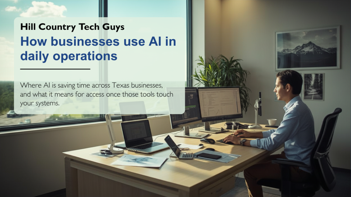 How Businesses Are Actually Using AI Right Now 1 How businesses use AI in daily operations: a professional working at a dual-monitor desk in a bright modern office.